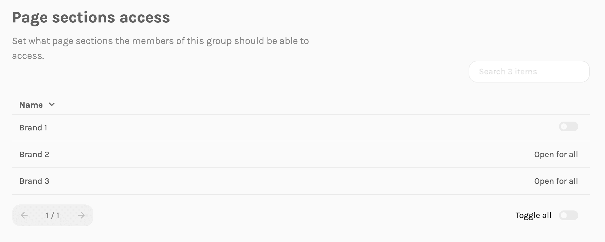 Setting page sections access for a user group